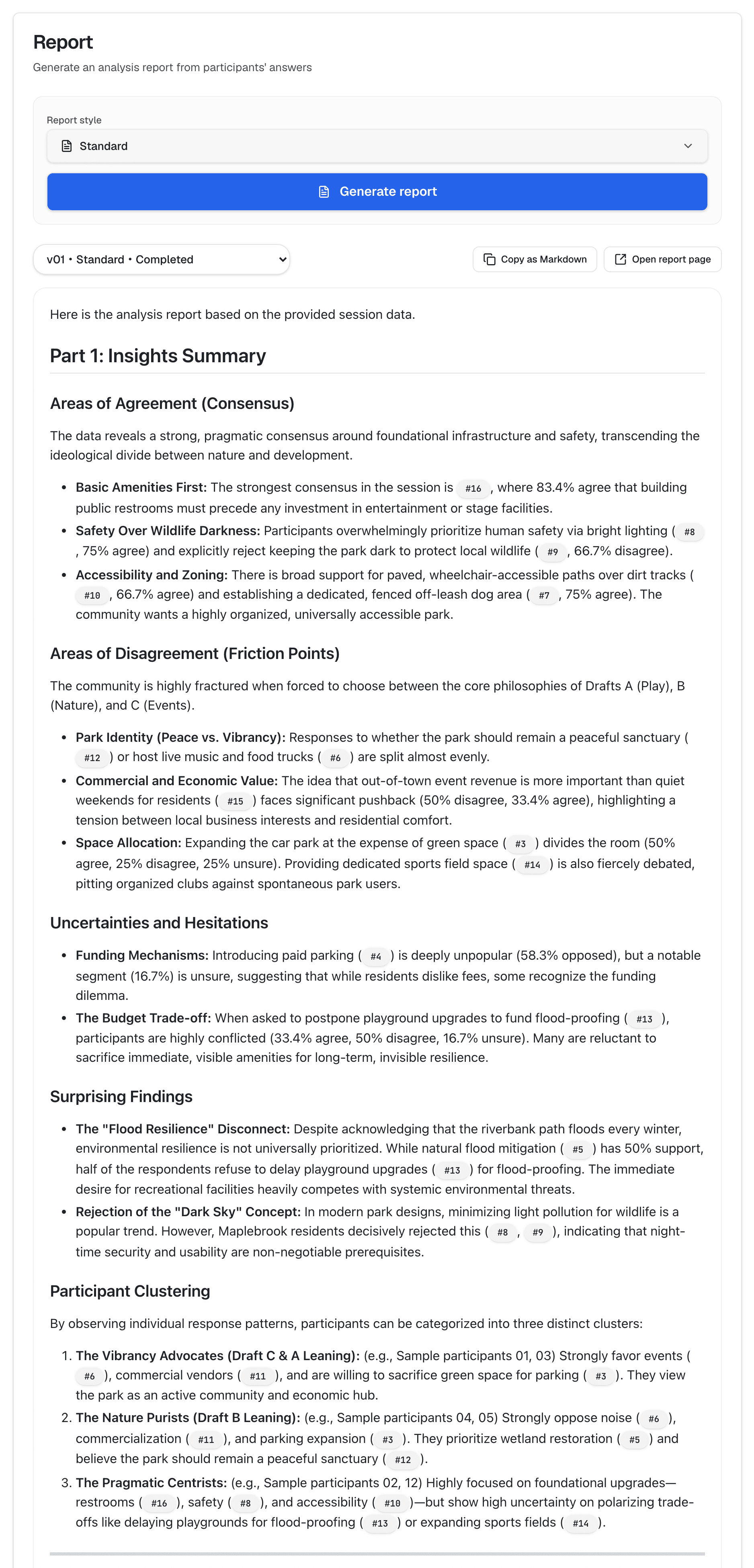 Host view: the AI analysis report with areas of agreement, disagreement and uncertainty